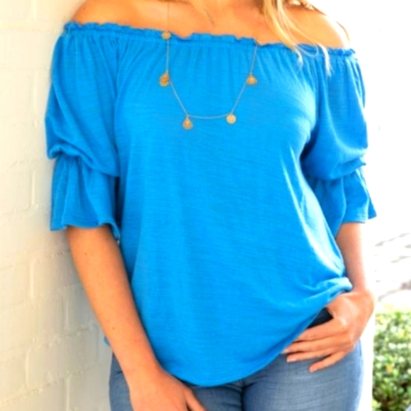 Laurie Felt Gauze Ruffle Peasant Top in Ocean Blue- Medium - Picture 6 of 6